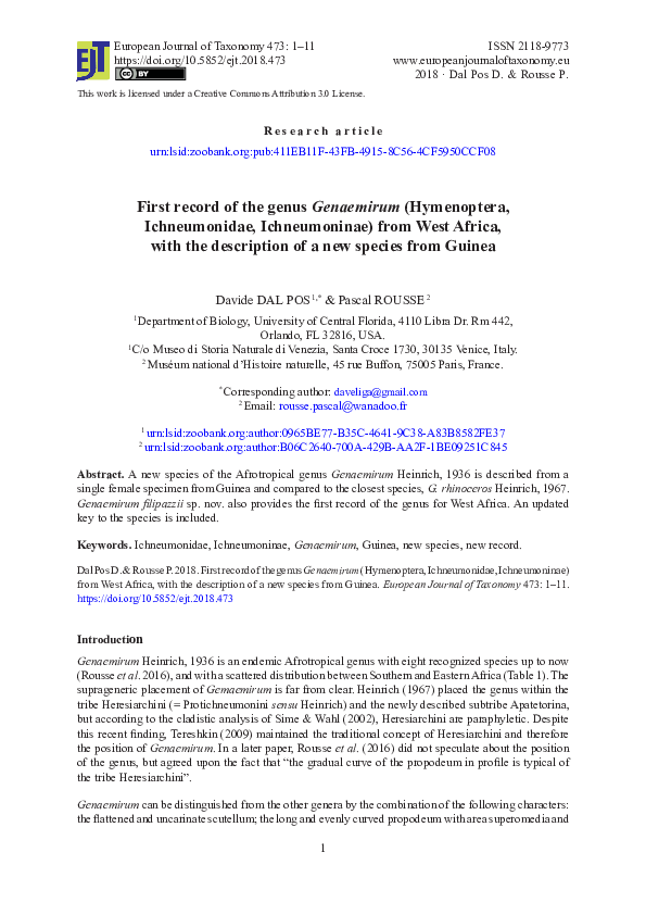 (PDF) First record of the genus Genaemirum (Hymenoptera, Ichneumonidae ...