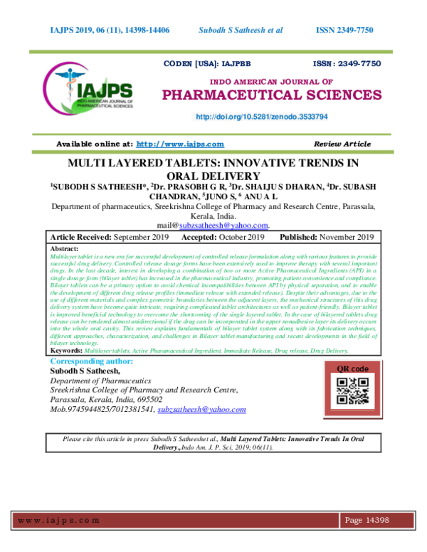(PDF) MULTI LAYERED TABLETS INNOVATIVE TRENDS IN ORAL DELIVERY QR code
