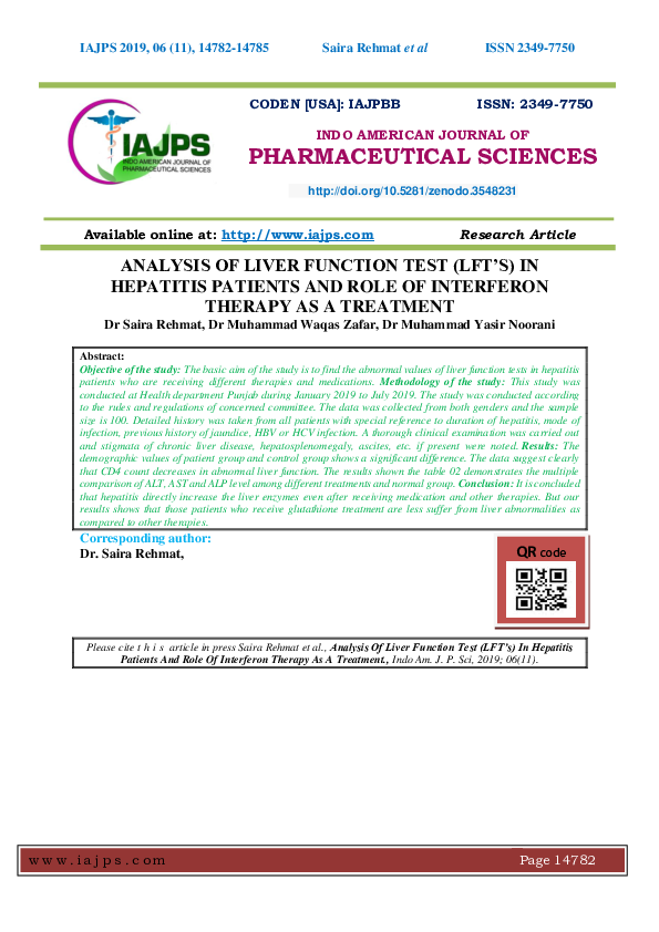 (PDF) ANALYSIS OF LIVER FUNCTION TEST (LFT'S) IN HEPATITIS PATIENTS AND ...