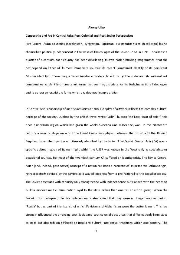 Alexey Ulko Censorship and Art in Central Asia: Post-Colonial and Post-Soviet Perspectives