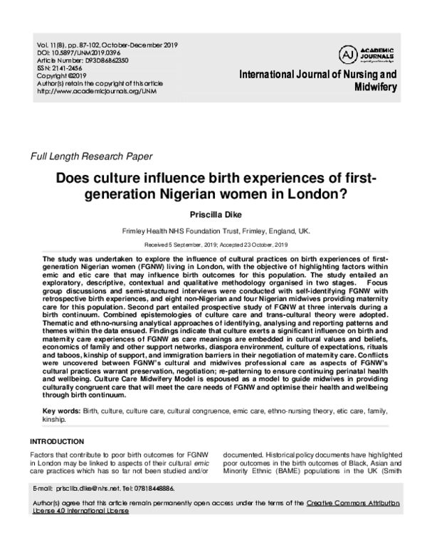 (PDF) International Journal of Nursing and Midwifery Does culture ...