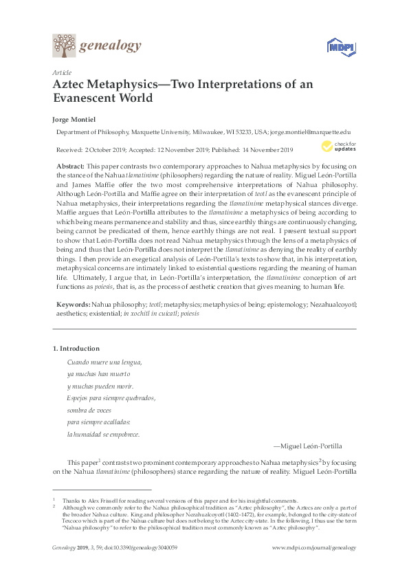 (PDF) Aztec Metaphysics-Two Interpretations of an Evanescent World
