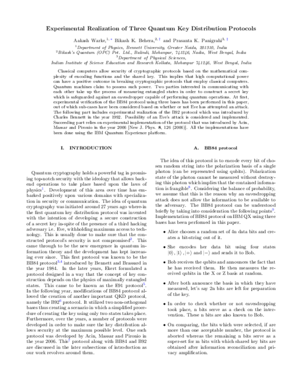 (PDF) Experimental Realization of Three Quantum Key Distribution Protocols