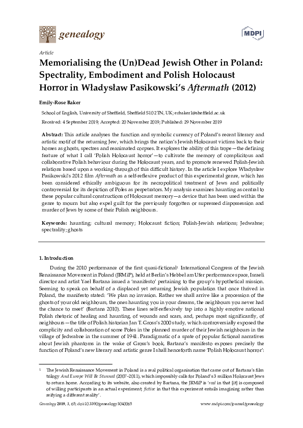 Memorialising the (Un)Dead Jewish Other in Poland: Spectrality, Embodiment and Polish Holocaust Horror in Władysław Pasikowski's Aftermath