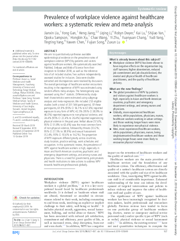 (PDF) Prevalence of workplace violence against healthcare workers: a ...