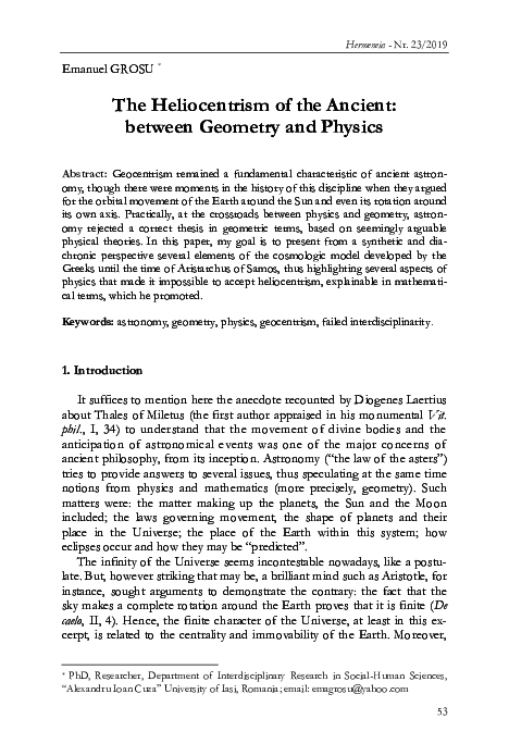 (PDF) The Heliocentrism of the Ancient: between Geometry and Physics