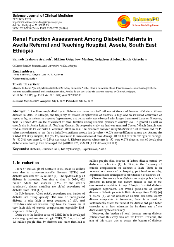 (PDF) Renal Function Assessment Among Diabetic Patients in Asella ...