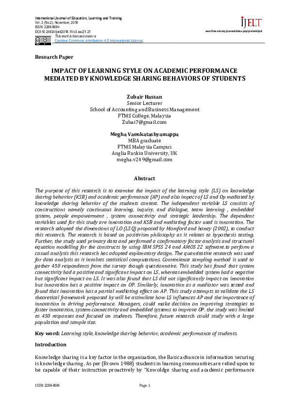 (PDF) IMPACT OF LEARNING STYLE ON ACADEMIC PERFORMANCE MEDIATED BY KNOWLEDGE SHARING BEHAVIORS