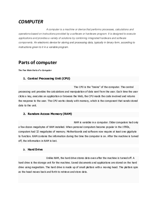 (DOC) COMPUTER Parts of computer The Five Main Parts of a Computer 1 ...