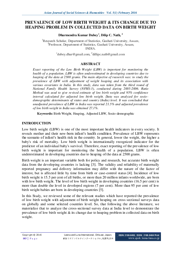 (PDF) PREVALENCE OF LOW BIRTH WEIGHT & ITS CHANGE DUE TO HEAPING ...