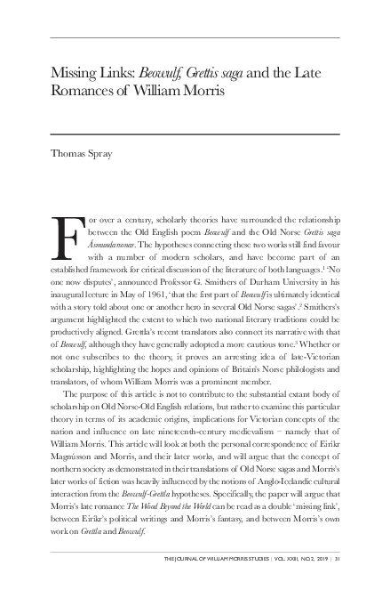 Missing Links: Beowulf, Grettis saga and the Late Romances of William Morris