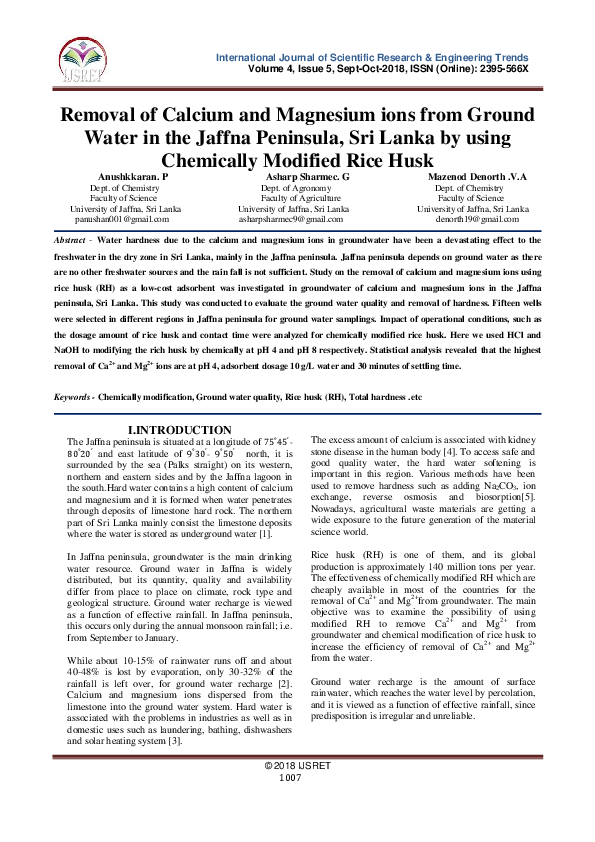 (PDF) Removal of Calcium and Magnesium ions from Ground Water in the ...