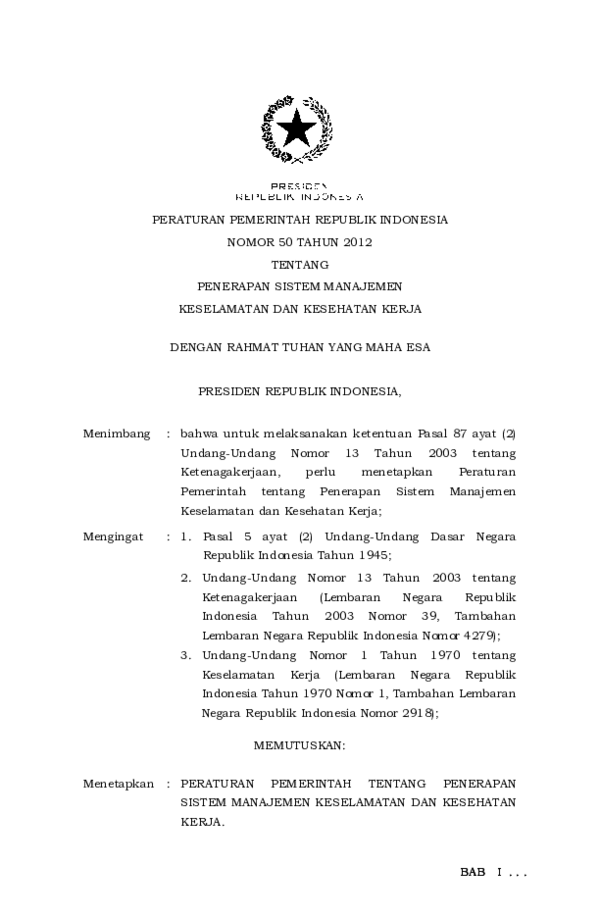 Pdf Pp No 50 Tahun 2012 Tentang Penerapan Smk3