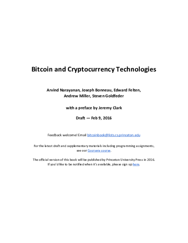 (PDF) Bitcoin and Cryptocurrency Technologies Introduction to the book