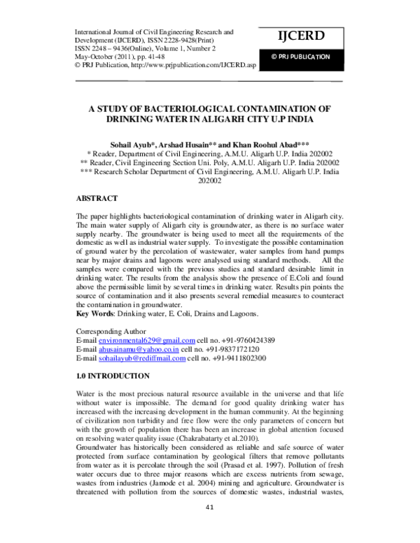 (PDF) A STUDY OF BACTERIOLOGICAL CONTAMINATION OF DRINKING WATER IN ...
