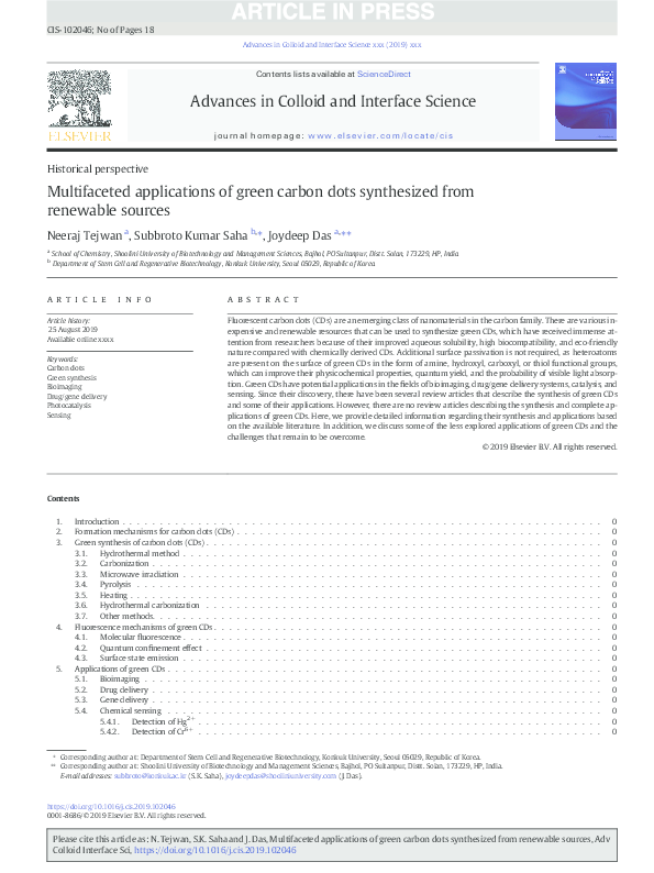 (PDF) Multifaceted applications of green carbon dots synthesized from ...
