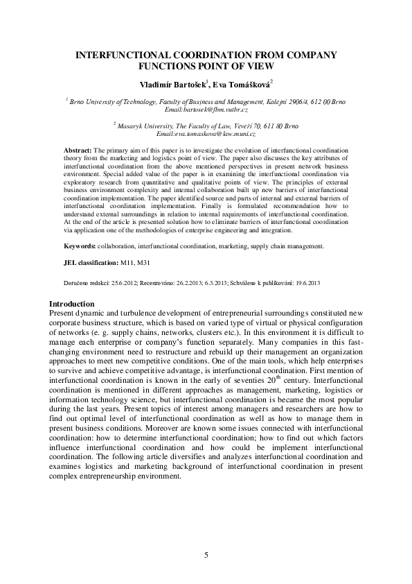 (PDF) INTERFUNCTIONAL COORDINATION FROM COMPANY FUNCTIONS POINT OF VIEW