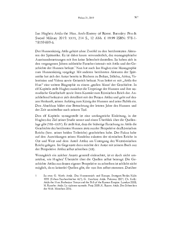 Review of Hughes, Ian, Attila the Hun. Arch-Enemy of Rome, Plekos 2019, 567-581