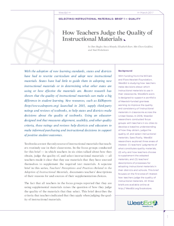 PDF) How Teachers Judge the Quality of Instructional Materials 
