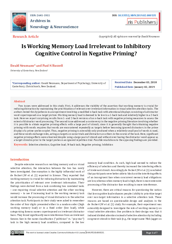 (PDF) Is Working Memory Load Irrelevant to Inhibitory Cognitive Control ...