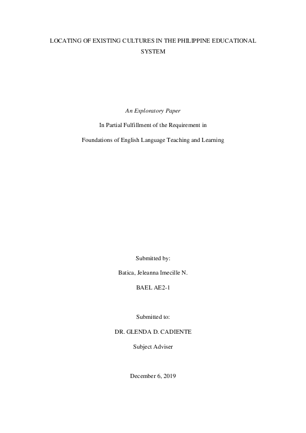 (DOC) LOCATING OF EXISTING CULTURES IN THE PHILIPPINE EDUCATIONAL ...