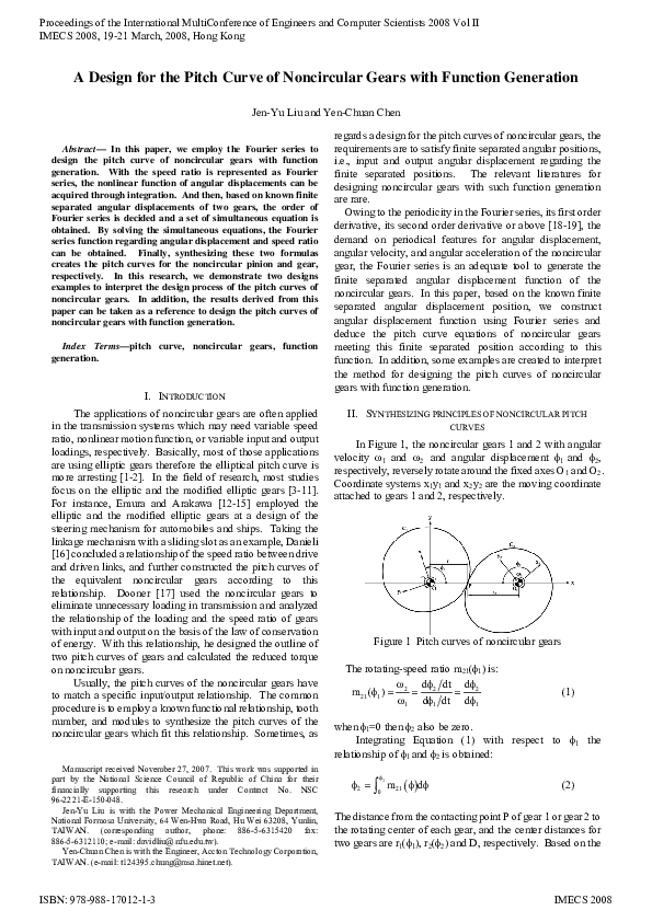 (PDF) A Design for the Pitch Curve of Noncircular Gears with Function