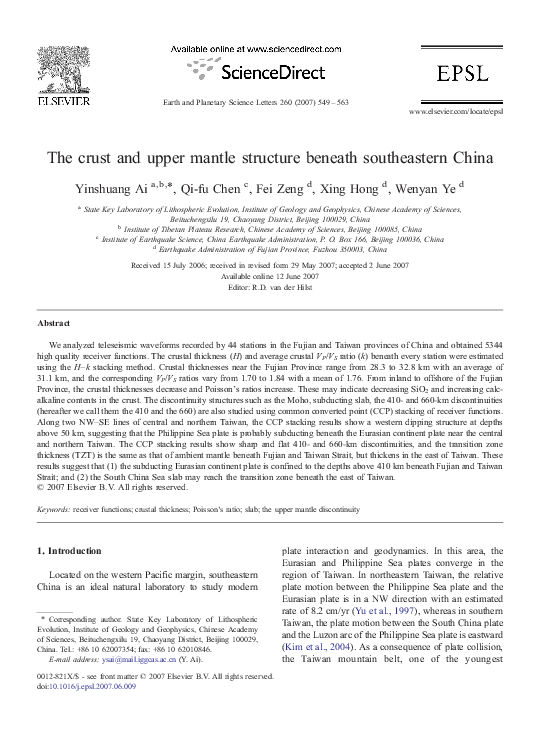 (PDF) The crust and upper mantle structure beneath southeastern China