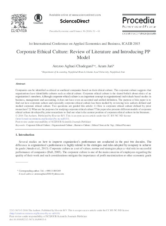(PDF) ScienceDirect Corporate Ethical Culture Review of Literature and Introducing PP Model