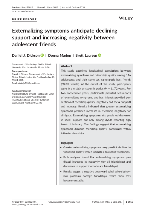 (PDF) Externalizing symptoms anticipate declining support and ...