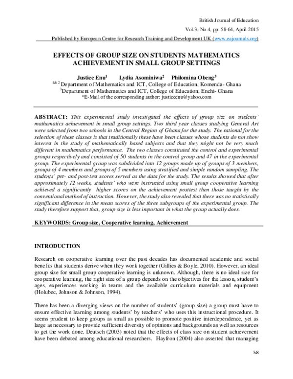 (PDF) EFFECTS OF GROUP SIZE ON STUDENTS MATHEMATICS ACHIEVEMENT IN ...