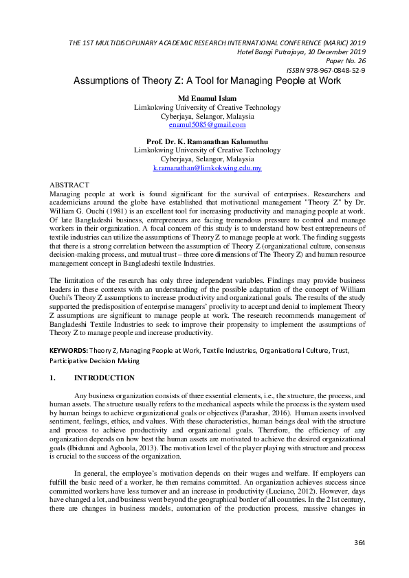 (PDF) Assumptions of Theory Z A Tool for Managing People at Work Md