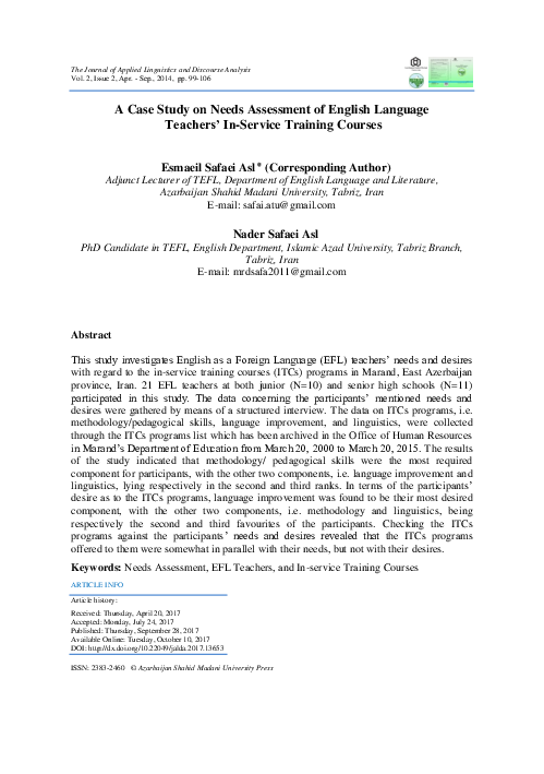 (PDF) A Case Study on Needs Assessment of English Language Teachers' In ...