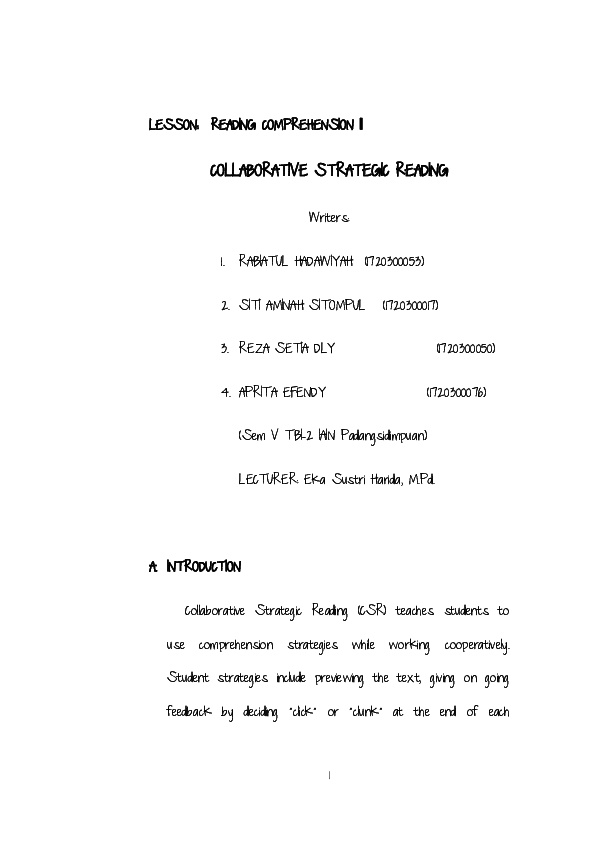 (PDF) LESSON: READING COMPREHENSION II COLLABORATIVE STRATEGIC READING