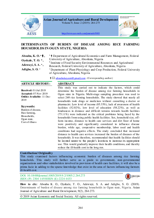 (PDF) DETERMINANTS OF BURDEN OF DISEASE AMONG RICE FARMING HOUSEHOLDS ...