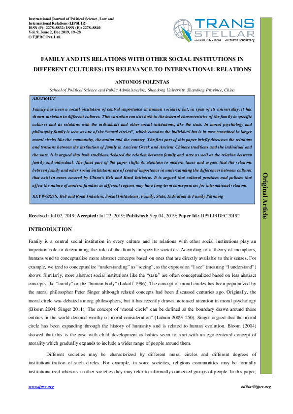 (PDF) FAMILY AND ITS RELATIONS WITH OTHER SOCIAL INSTITUTIONS IN ...