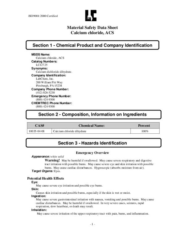 (PDF) Material Safety Data Sheet Calcium chloride, ACS Section 1