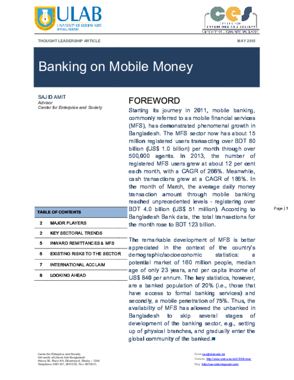 (PDF) Banking on Mobile Money Sajid Amit Academia.edu