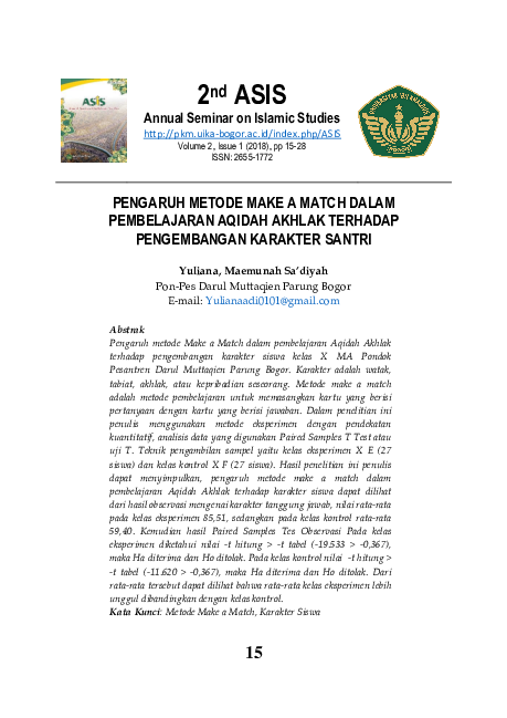 (PDF) PENGARUH METODE MAKE A MATCH DALAM PEMBELAJARAN AQIDAH AKHLAK ...