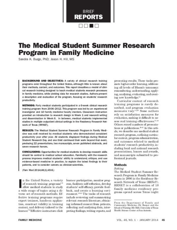 (PDF) The Medical Student Summer Research Program in Family Medicine