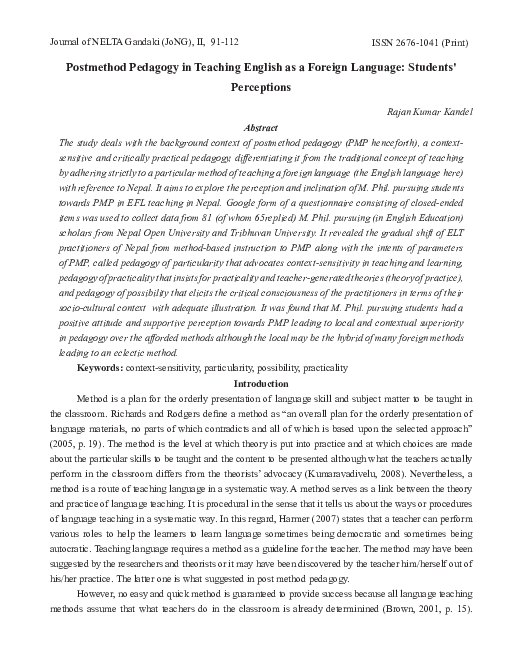 (PDF) Postmethod Pedagogy in Teaching English as a Foreign Language ...