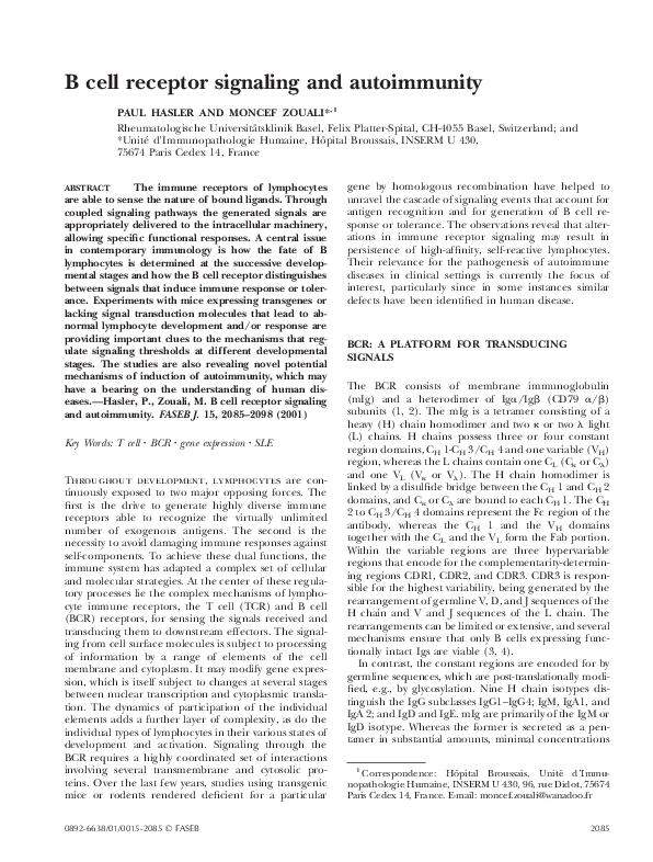 (PDF) B cell receptor signaling and autoimmunity