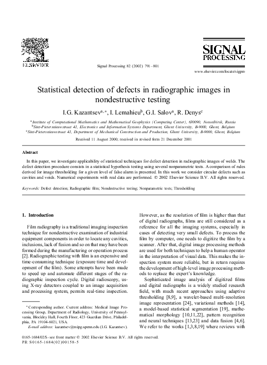 (PDF) Statistical detection of defects in radiographic images in ...