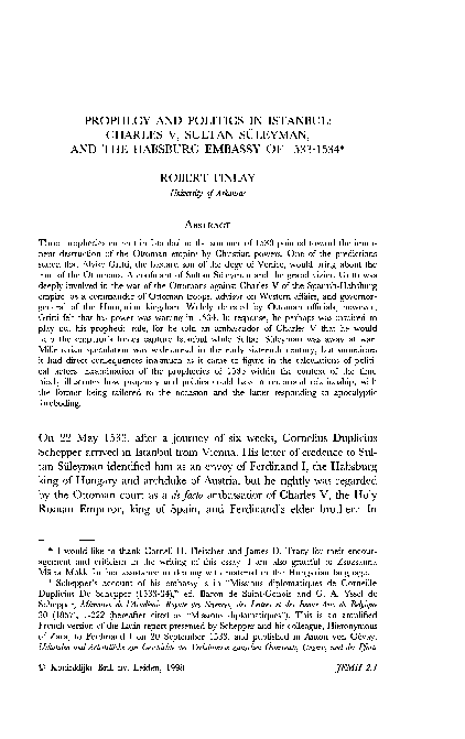 Prophecy and Politics in Istanbul: Charles V, Sultan Suleyman, and the Habsburg Embassy of 1533-1534