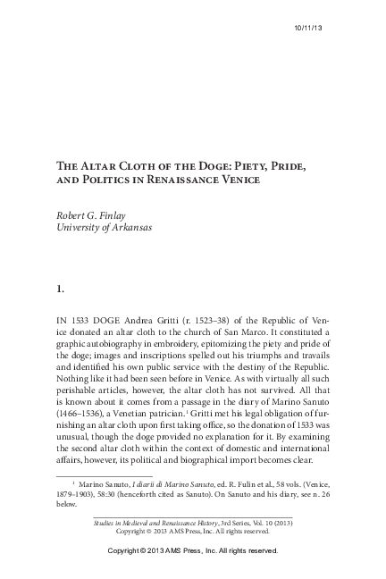 The Altar Cloth of the Doge: Piety, Pride, and Politics in Renaissance Venice