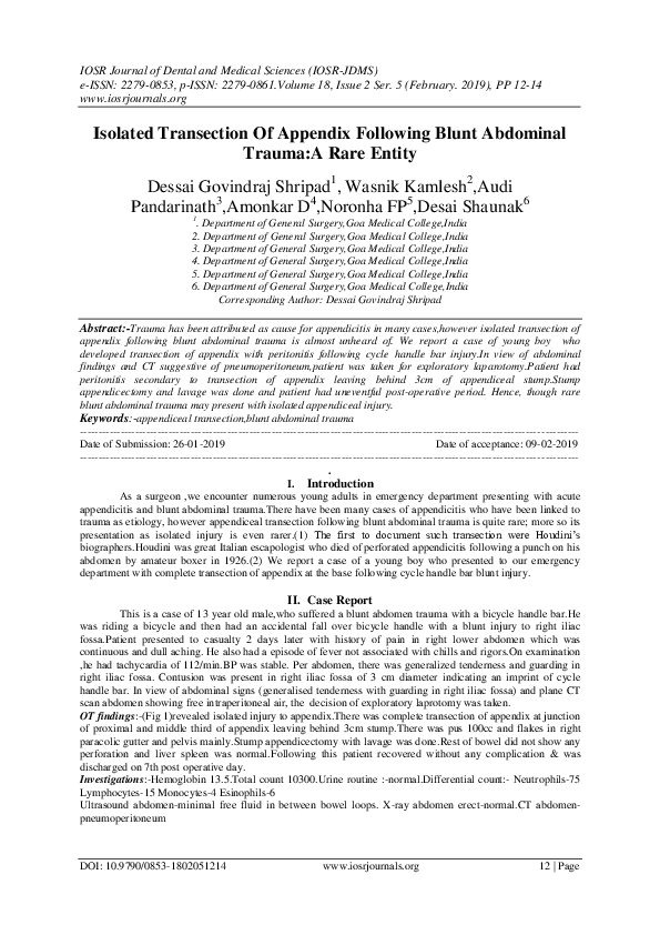 Isolated Transection Of Appendix Following Blunt Abdominal Trauma:A Rare Entity