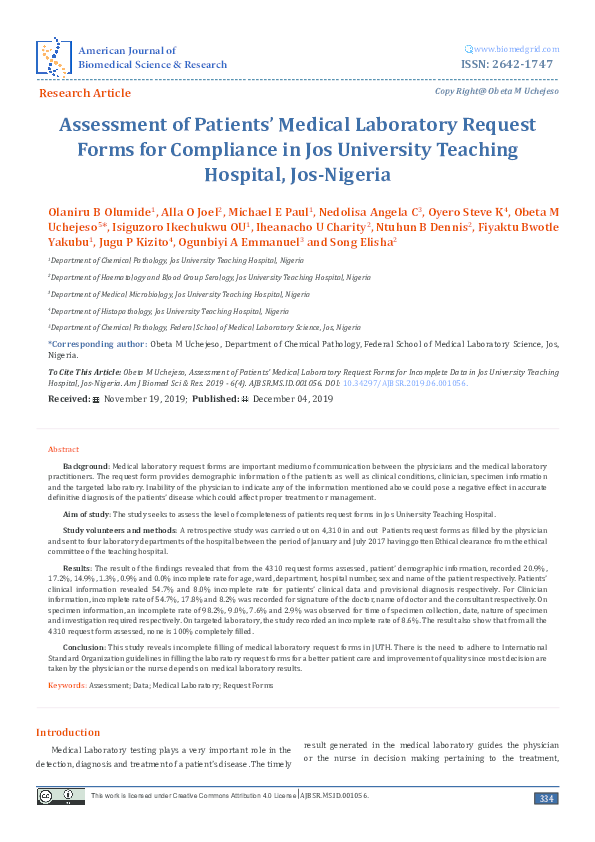 (PDF) Assessment of Patients' Medical Laboratory Request Forms for