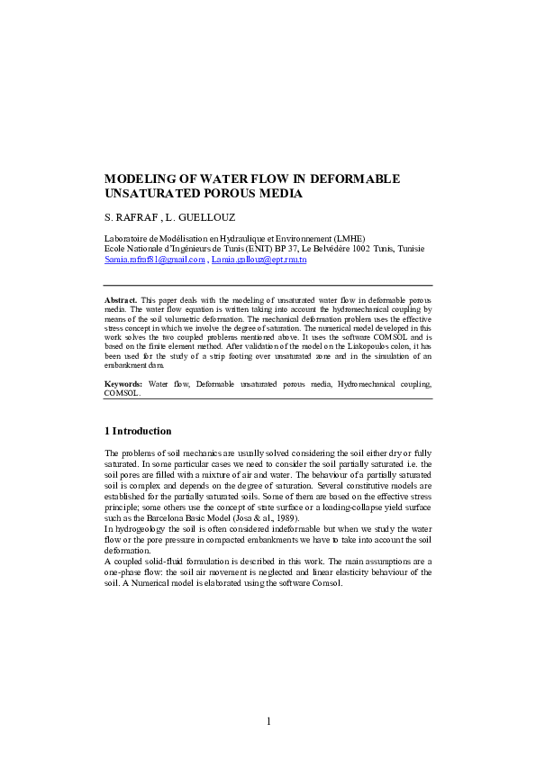(PDF) MODELING OF WATER FLOW IN DEFORMABLE UNSATURATED POROUS MEDIA