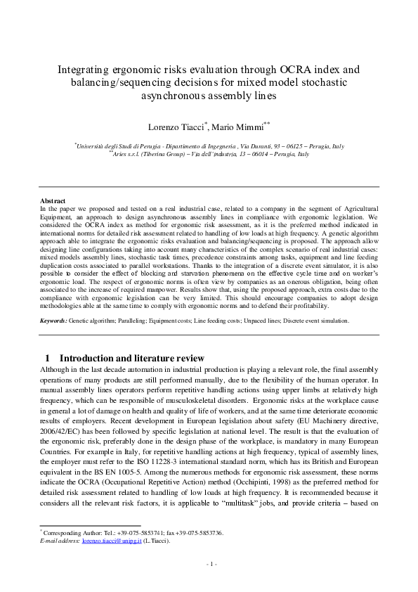 (PDF) Integrating ergonomic risks evaluation through OCRA index and ...