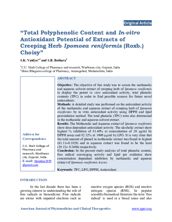 (PDF) "Total Polyphenolic Content and In-vitro Antioxidant Potential of ...