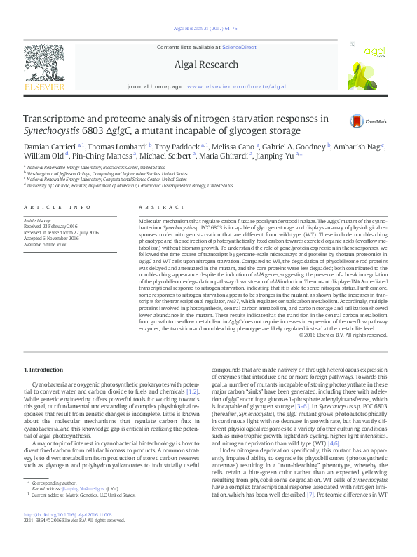 (PDF) Transcriptome and proteome analysis of nitrogen starvation ...